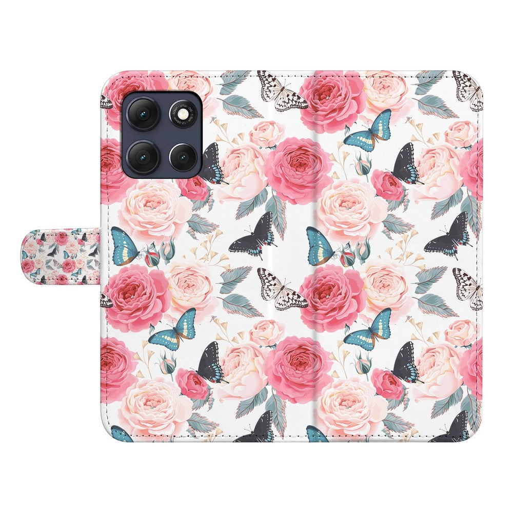 Motorola Moto G86 Book Case Hoesje Roze Butterfly Rozen Vlinders Vooraanzicht.