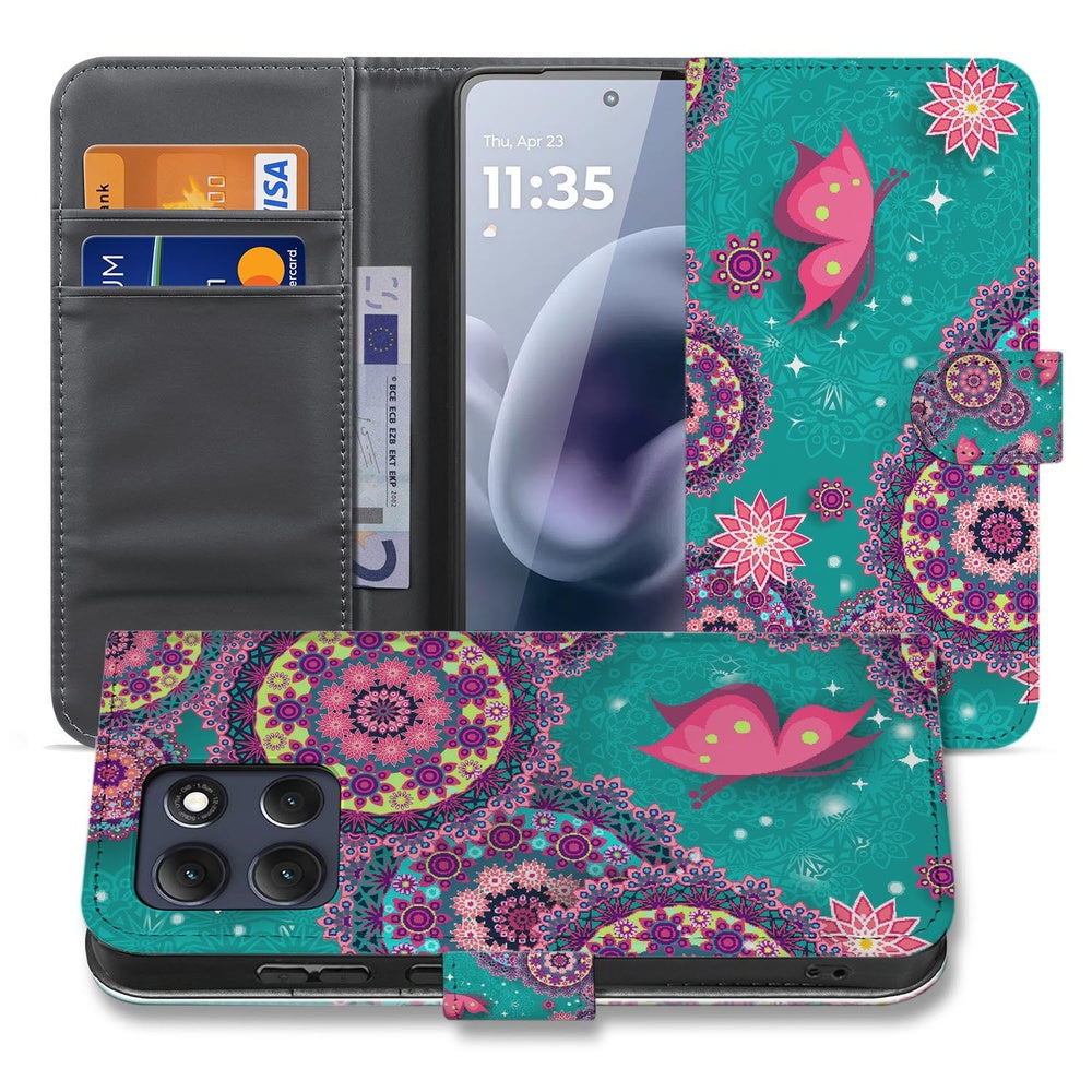 Motorola Moto G86 Book Case Hoesje Met Pasjes Cirkels en Vlinders Voorzijde Detail.