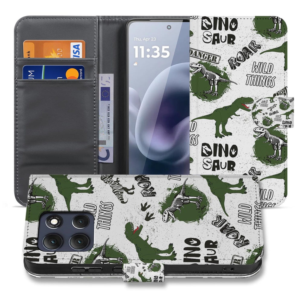 Motorola Moto G86 Book Case Met Pasjes Dino Print Aanzicht vooraanzicht binnenkant met pasjes.
