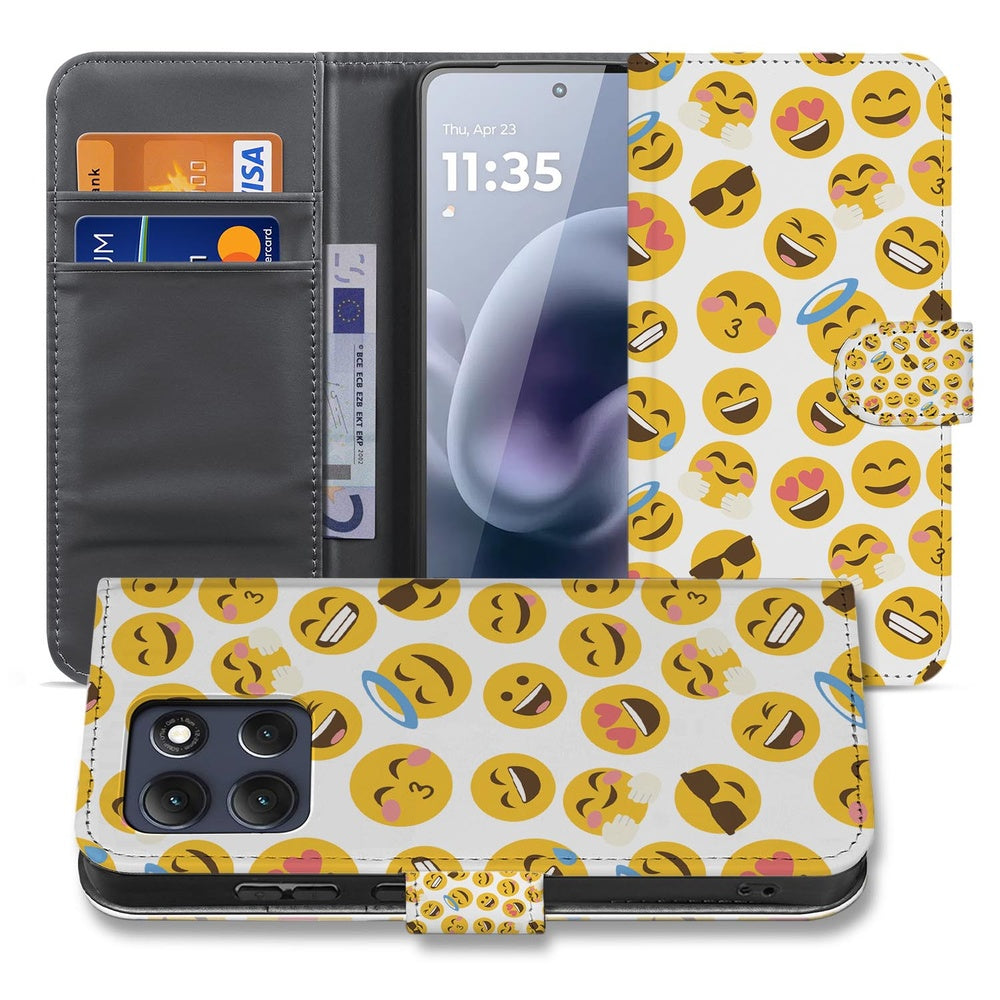 Motorola Moto G86 Book Case Hoesje Meerkleurig Emoji Vooraanzicht + Binnenkant Pasjes.