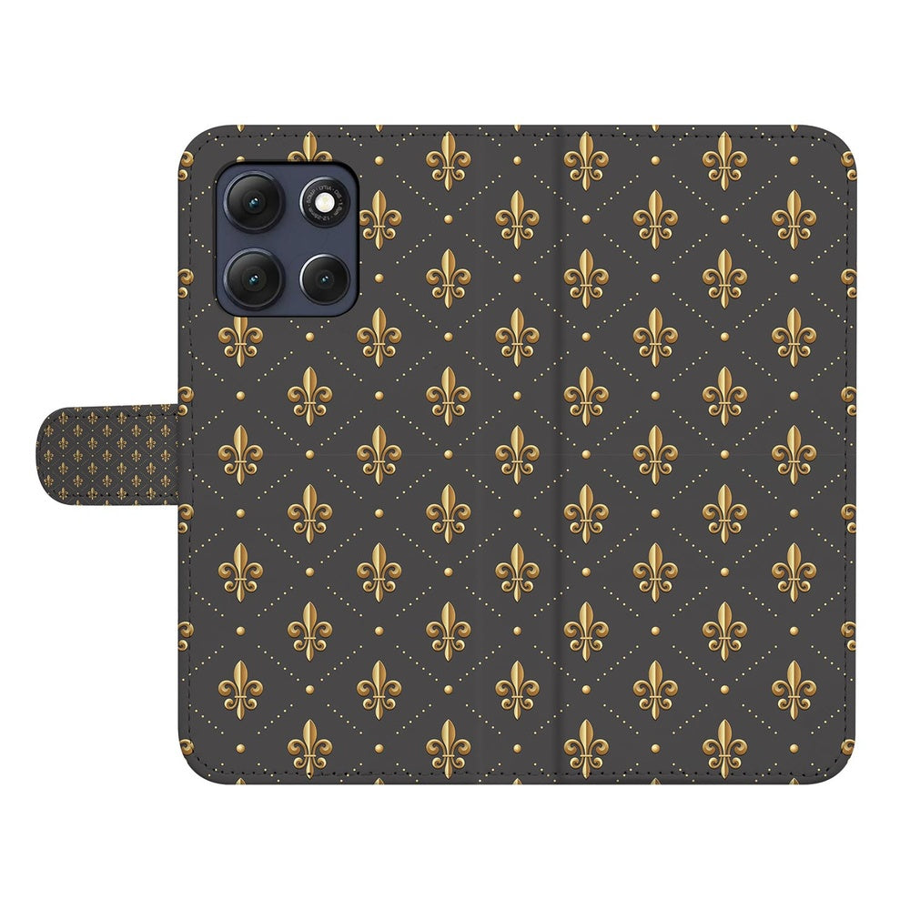 Book Case Motorola Moto G86 Franse Lelie Bruin Goud Detail.
