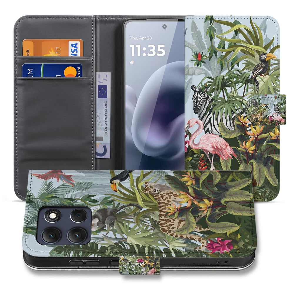 Motorola Moto G86 Bookcase Hoesje Met Pasjes Jungle Design Vooraanzicht.