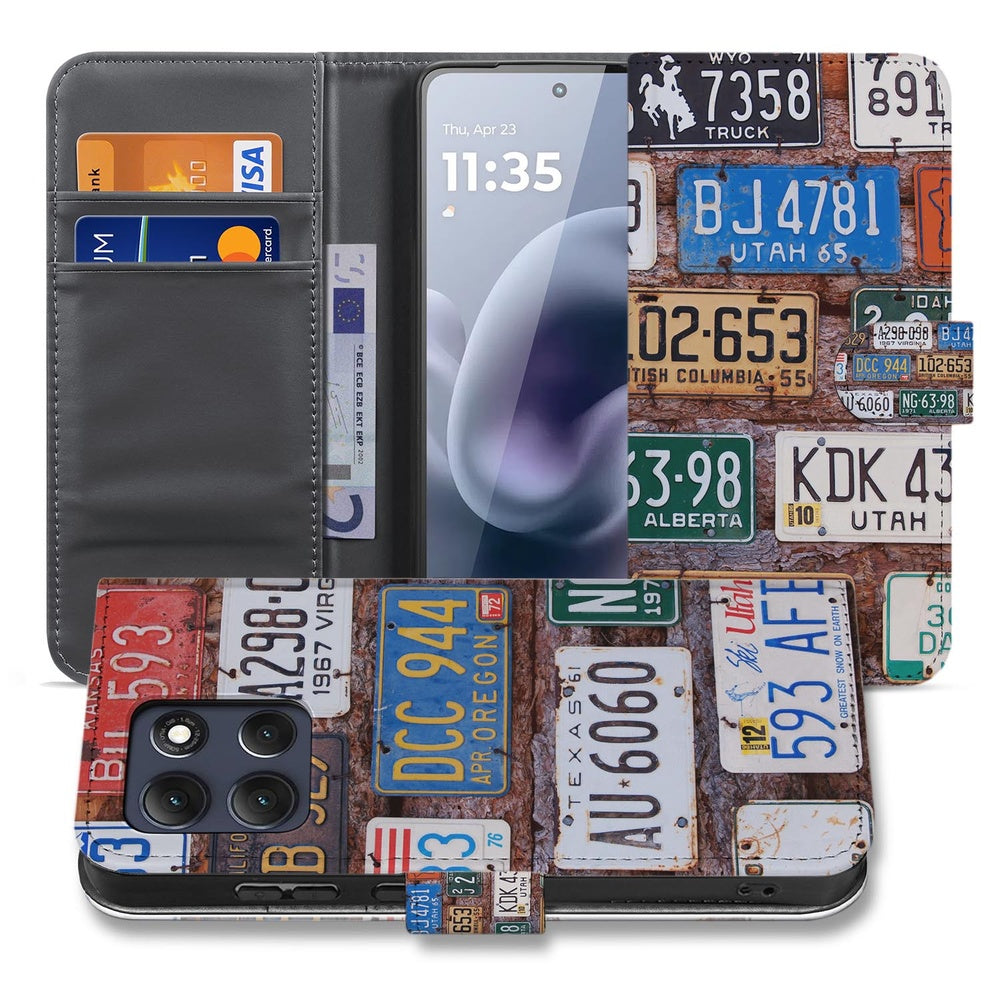 Motorola Moto G86 Book Case Kentekenplaten Aanzicht Voorzijde met Pasjes en Print op Kunstleer.