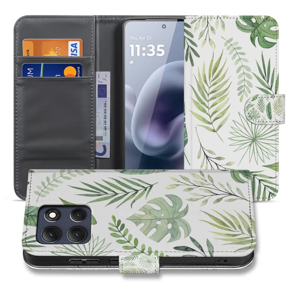 Motorola Moto G86 Book Case Bladeren Lichtgroen Wit portemonnee hoesje vooraanzicht met pasjeshouder.