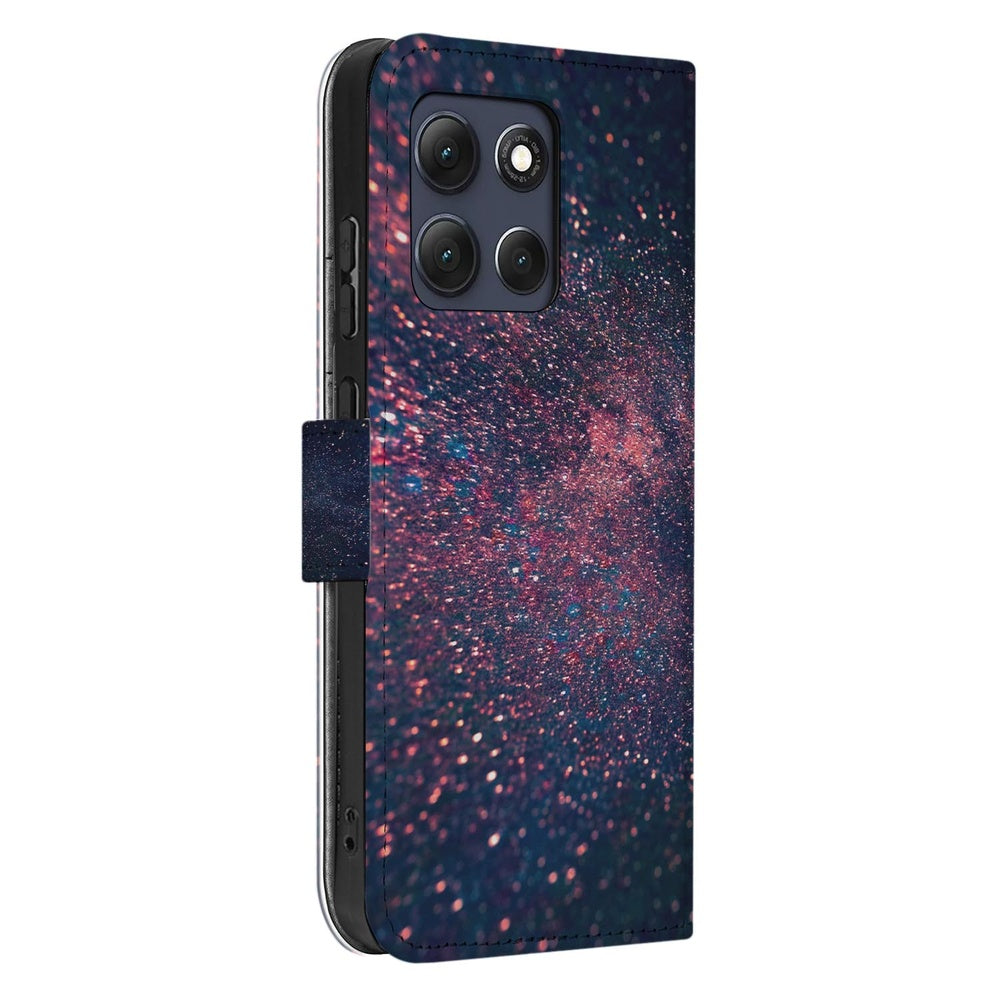 Motorola Moto G86 Book Case Paars Blauw Glitter Sterren design met sterrenprint en zwarte achtergrond.