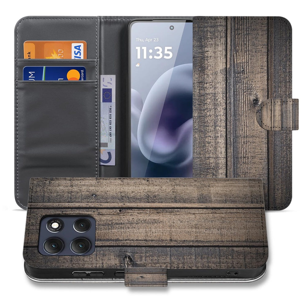 Motorola Moto G86 Bookcase Hoesje Steigerhout Design boekcase hoesje bruin houtnerf aanzicht.