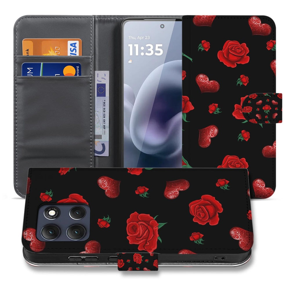 Motorola Moto G86 Book Case Hoesje Valentine rozenprint zwart vooraanzicht.