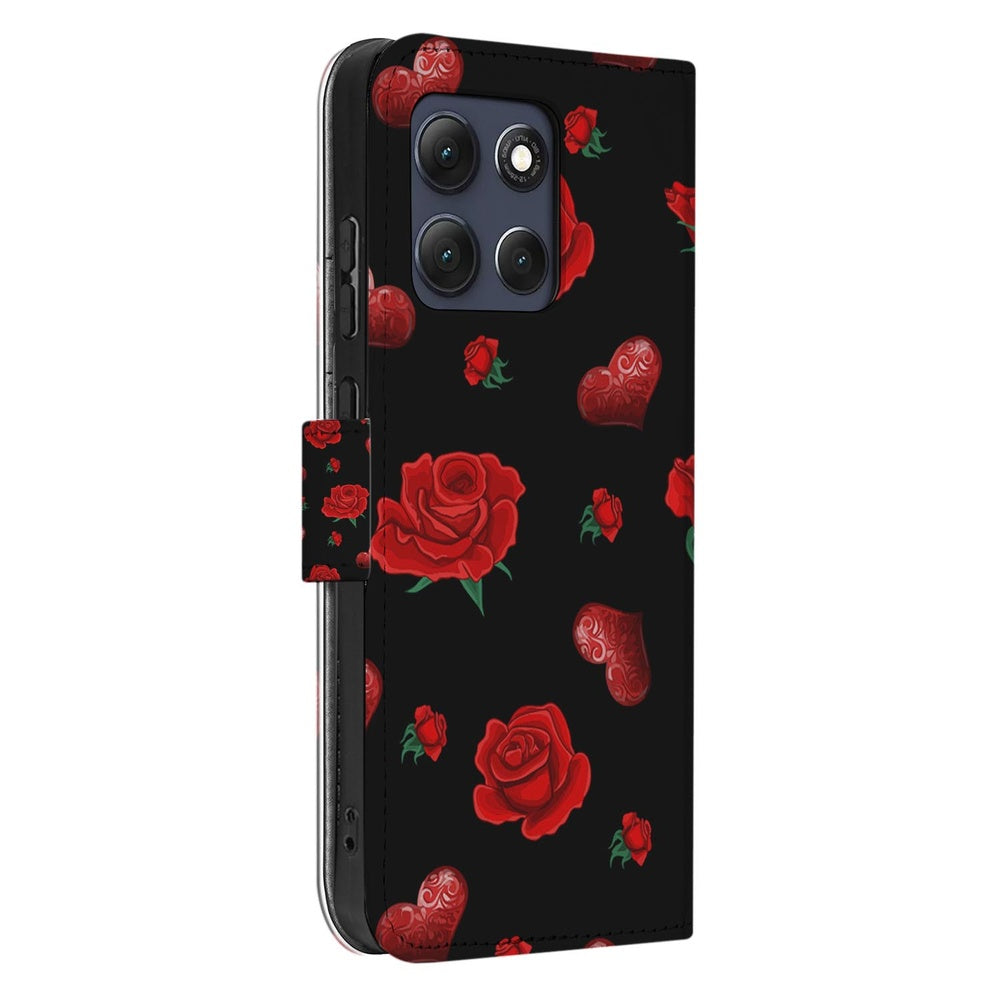 Motorola Moto G86 Book Case Hoesje Valentine rozenprint zwart zijaanzicht.