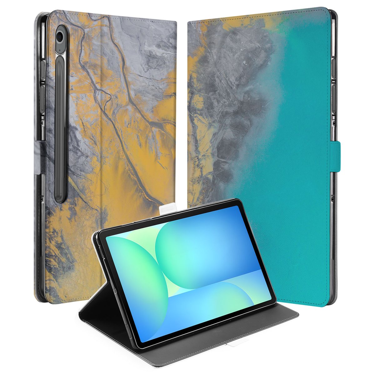 Samsung Galaxy Tab S10 FE Plus Marble Blue Gold Tablet Hoesje met Standaard aanzicht voorkant achterkant