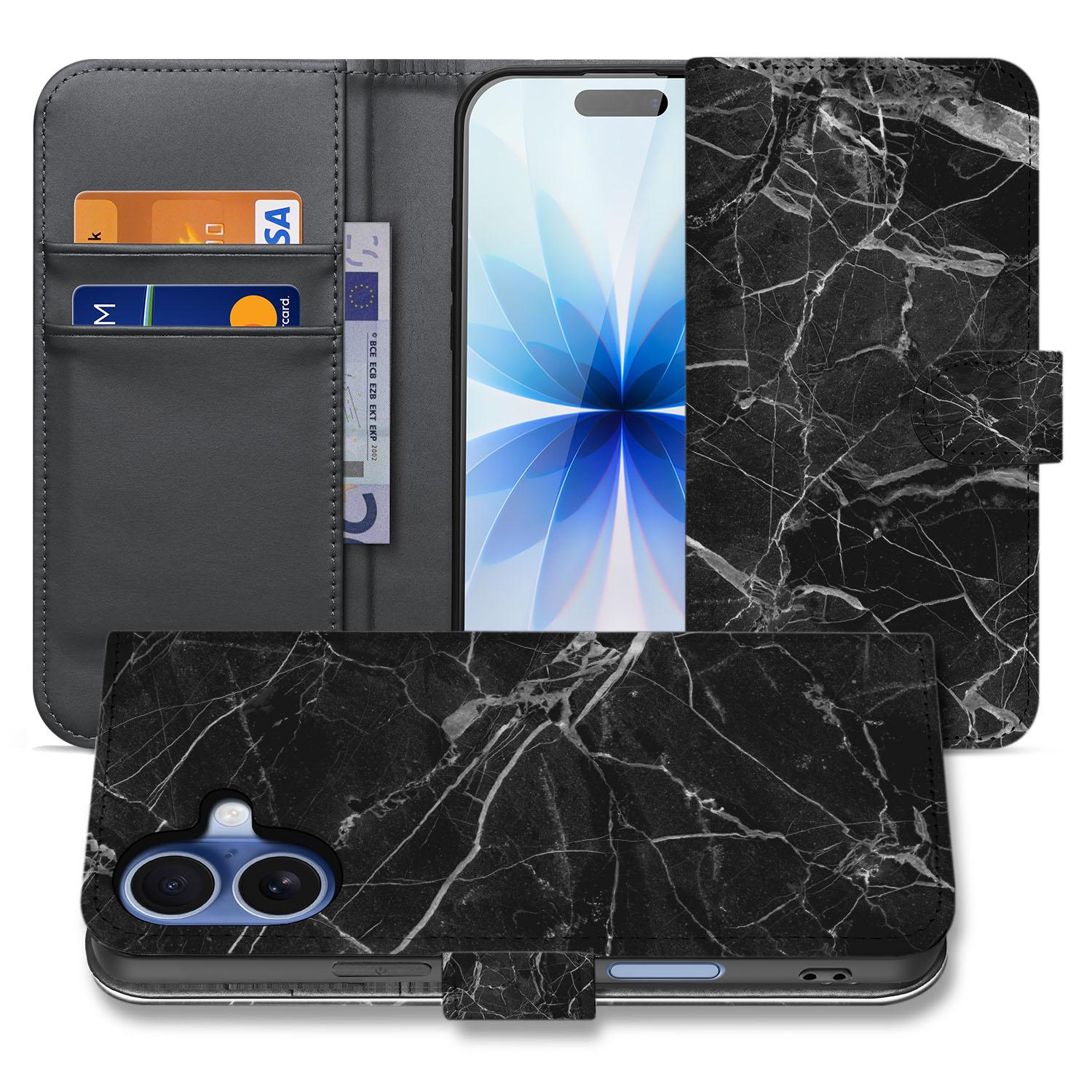 Marmer Zwart Luxe Book Case Apple iPhone 17 bookcase marmer zwart voorkant achterkant