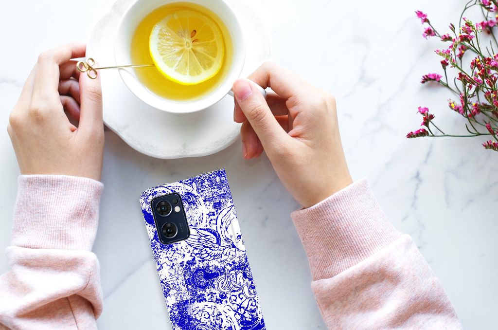 Mobiel BookCase OPPO Find X5 Lite | Reno7 5G Angel Skull Blauw design patroon aanzicht