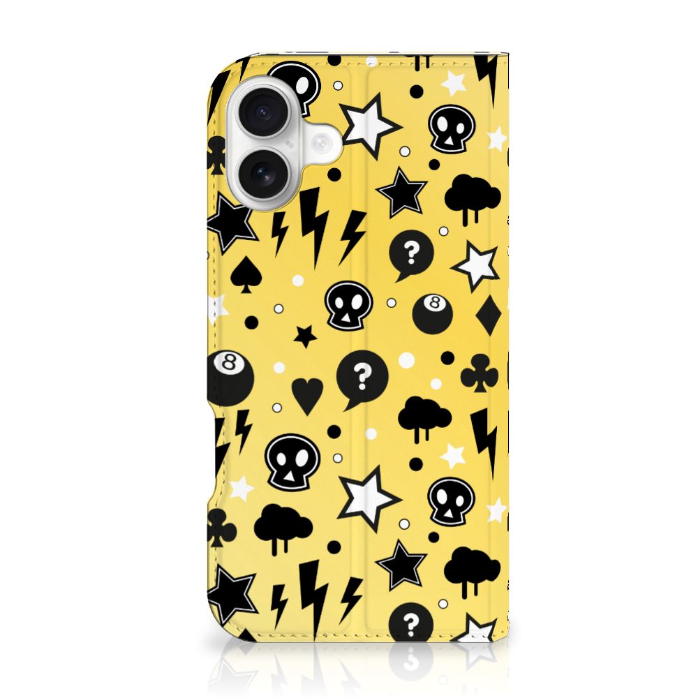Mobiel BookCase iPhone 16 Plus Punk Geel achteraanzicht zwart wit sterren vraagtekens lichtflitsen