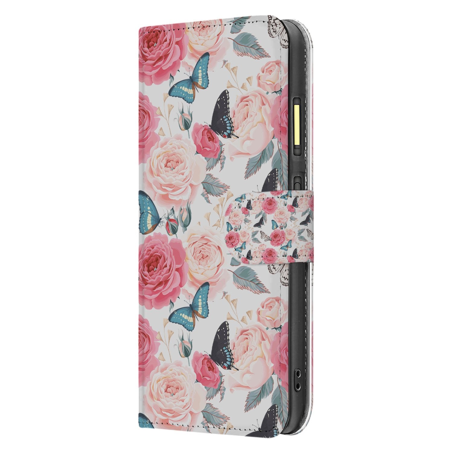 Fairphone 6 Mooi Roze Butterfly Roses Book Case voor Fairphone 6 Inclusief Ruimte Voor Pasjes En Briefgeld zijkant