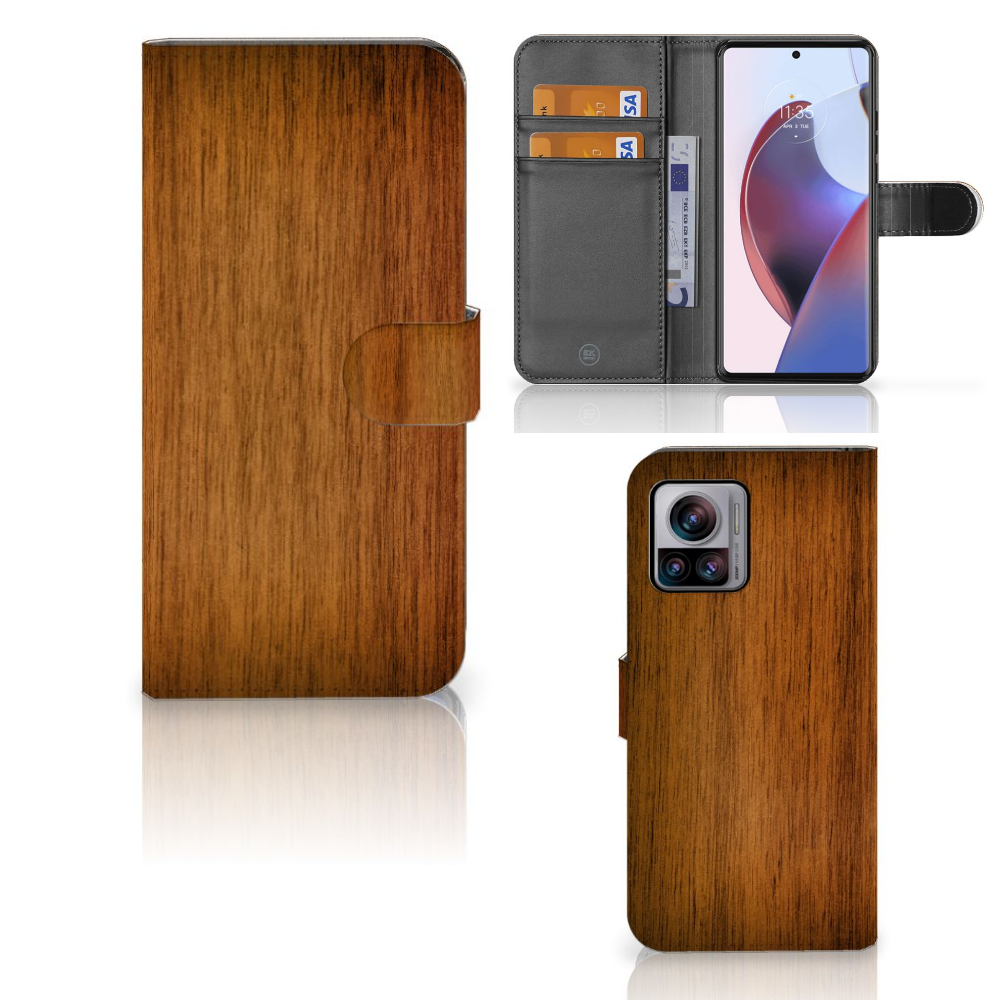 Motorola Edge 30 Ultra Book Style Case Donker Hout boek stijl case aanzicht