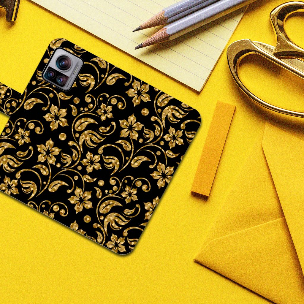 Motorola Edge 30 Ultra Hoesje Gouden Bloemen design bloemen zwart