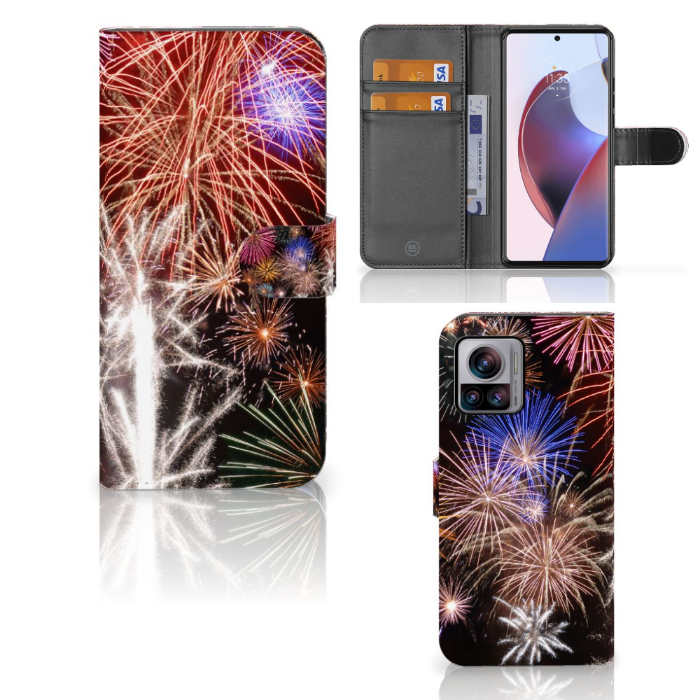 Motorola Edge 30 Ultra Wallet Case met Pasjes Vuurwerk design vuurwerk aanzicht