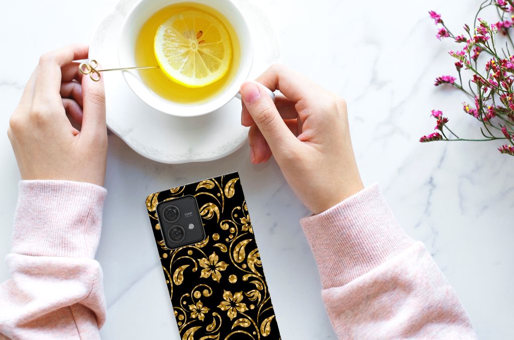 Motorola Edge 40 Neo Smart Cover Gouden Bloemen telefoonhoesje zwart gouden bloemen koffie