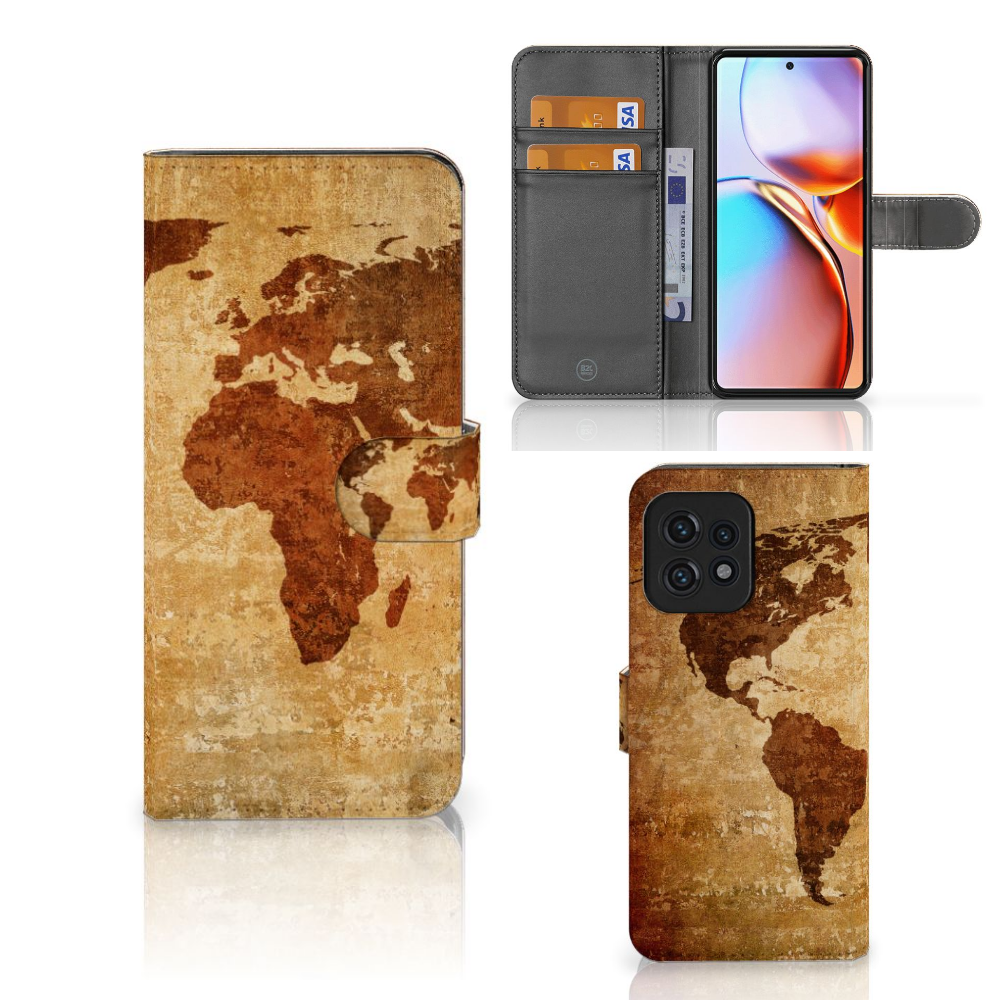 Motorola Edge 40 Pro Flip Cover Wereldkaart design wereldkaart aanzicht voorkant achterkant