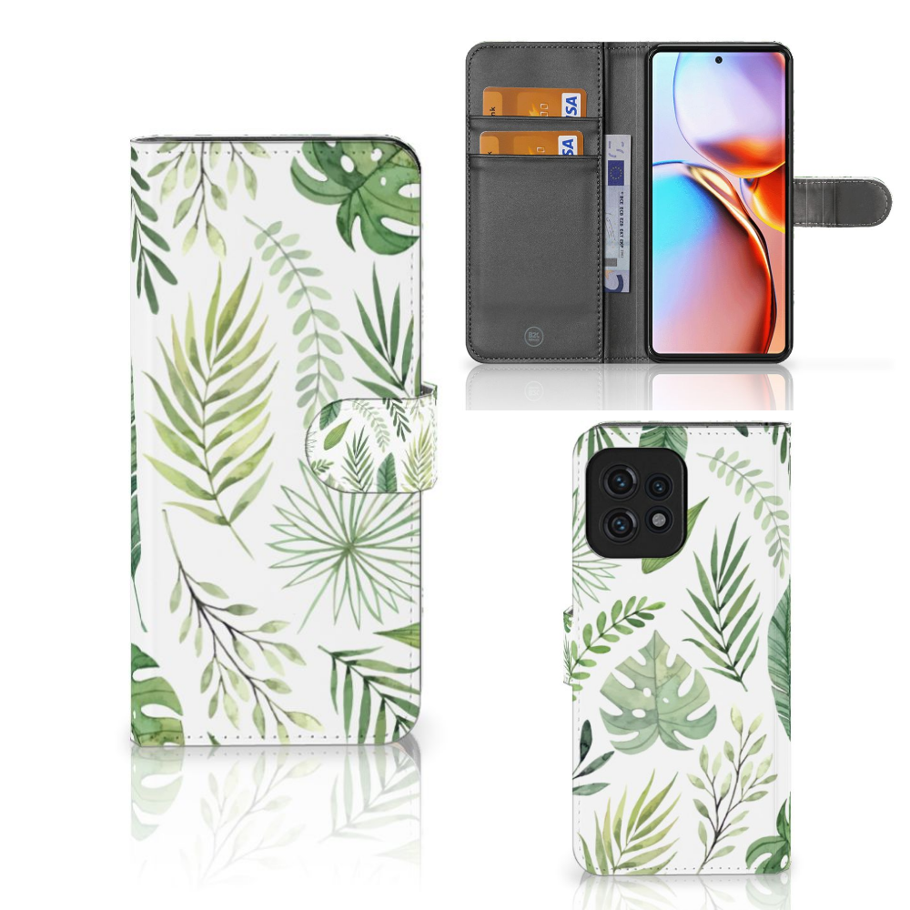 Motorola Edge 40 Pro Hoesje Leaves met bladpatroon, ruimte voor pasjes, stijlvol en duurzaam đ