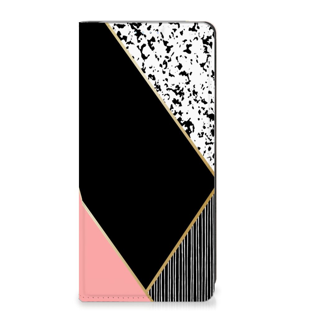 Motorola Edge 40 Pro Stand Case Zwart Roze Vormen design zwart roze vormen aanzicht