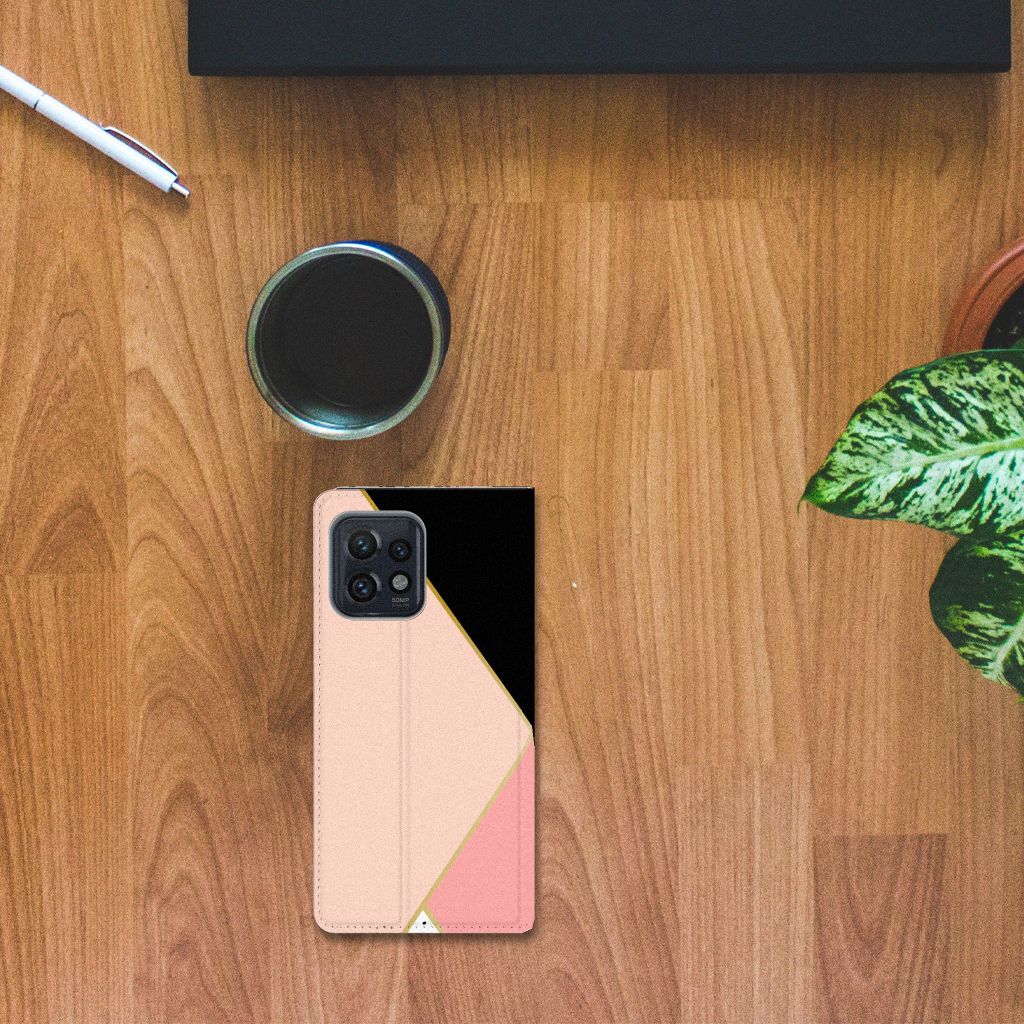Motorola Edge 40 Pro Stand Case Zwart Roze Vormen design zwart roze vlakken aanzicht