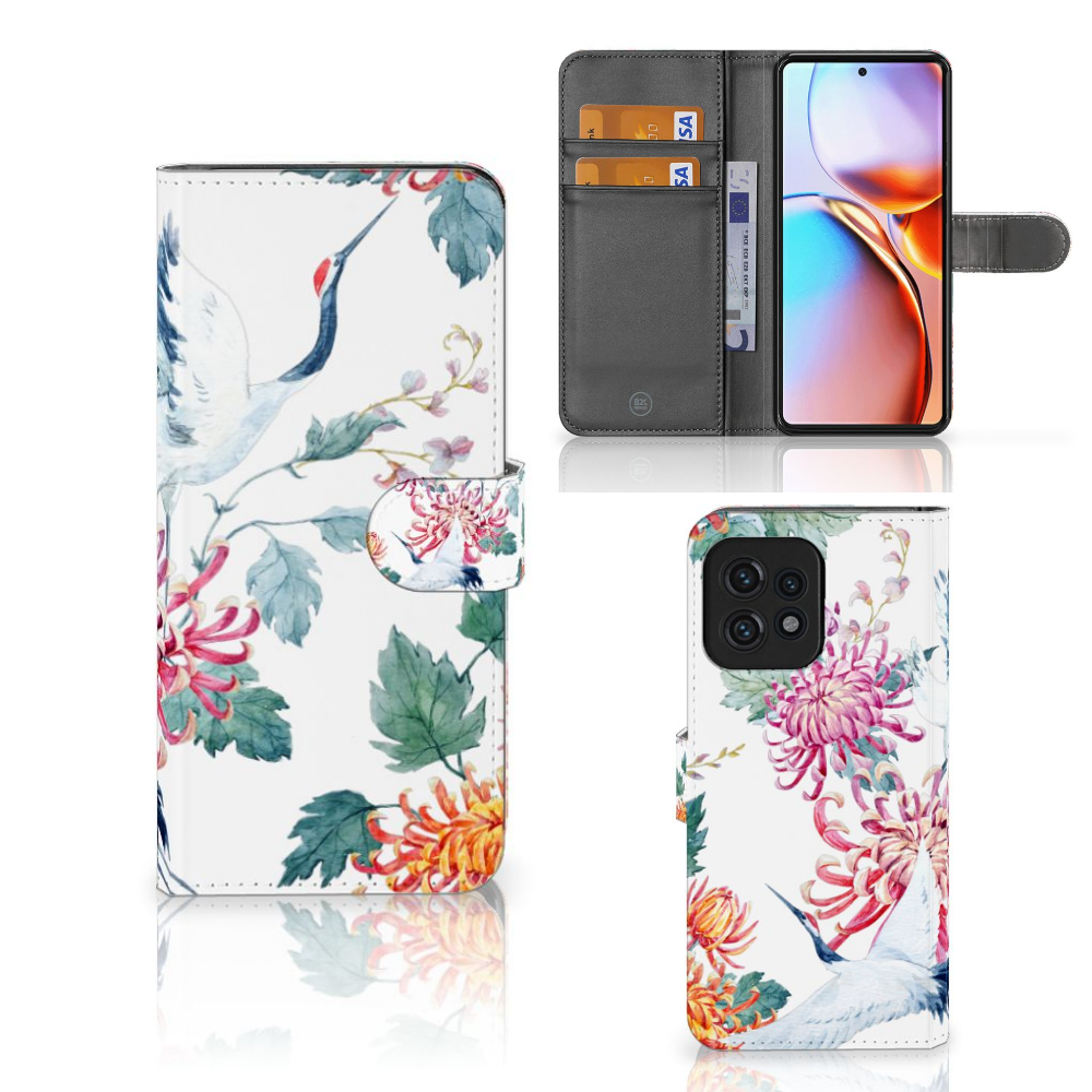 Motorola Edge 40 Pro Telefoonhoesje met Pasjes Bird Flowers boekhoesje met kleurrijk ontwerp aanzicht