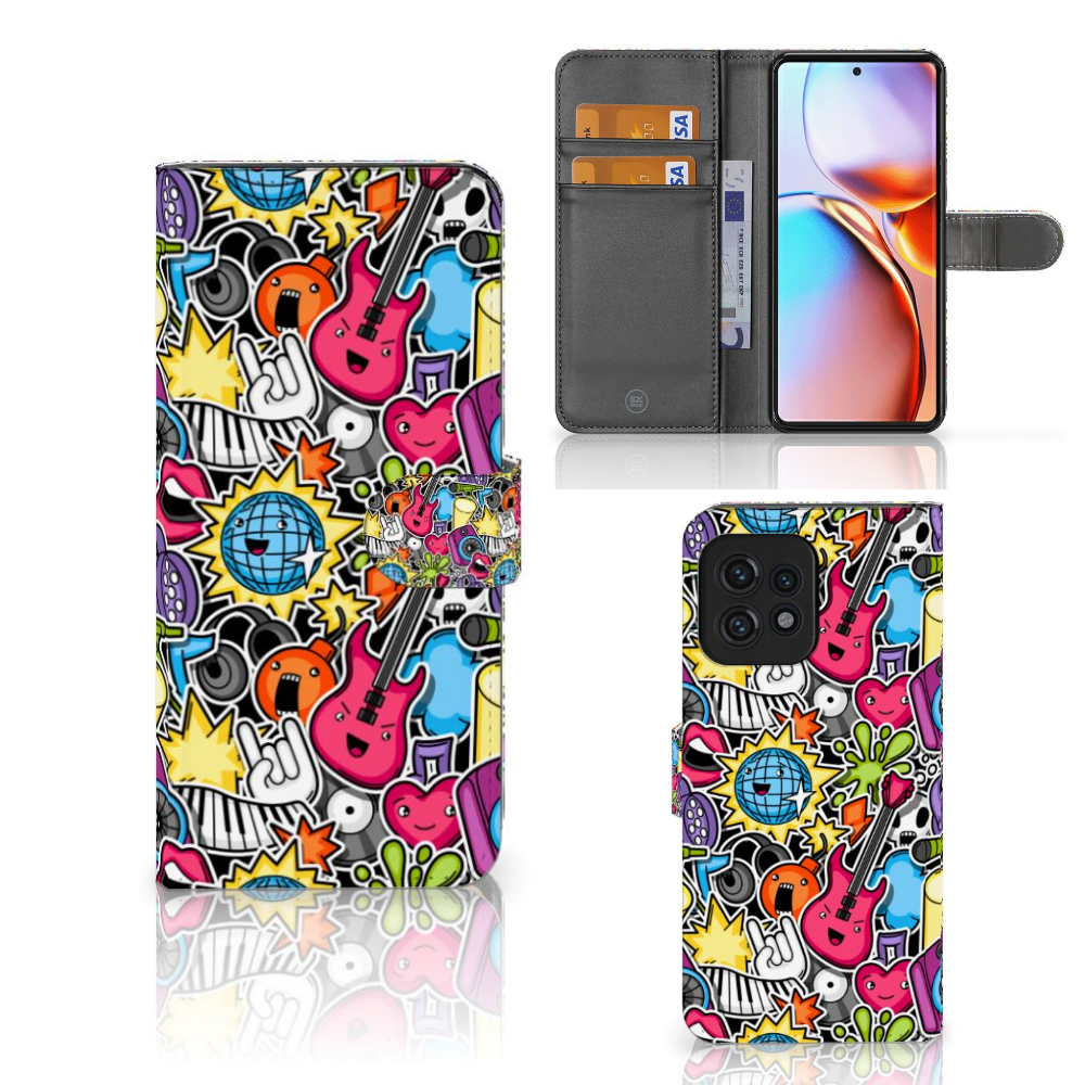 Motorola Edge 40 Pro Wallet Case met Pasjes Punk Rock design kleurrijk aanzicht