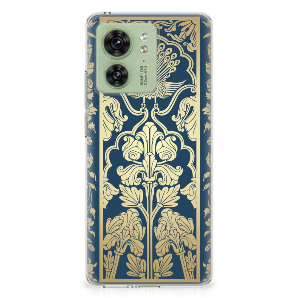Motorola Edge 40 TPU Case Beige Flowers met chique bloemenpatroon en donkerblauwe achtergrond voor stijl en bescherming.