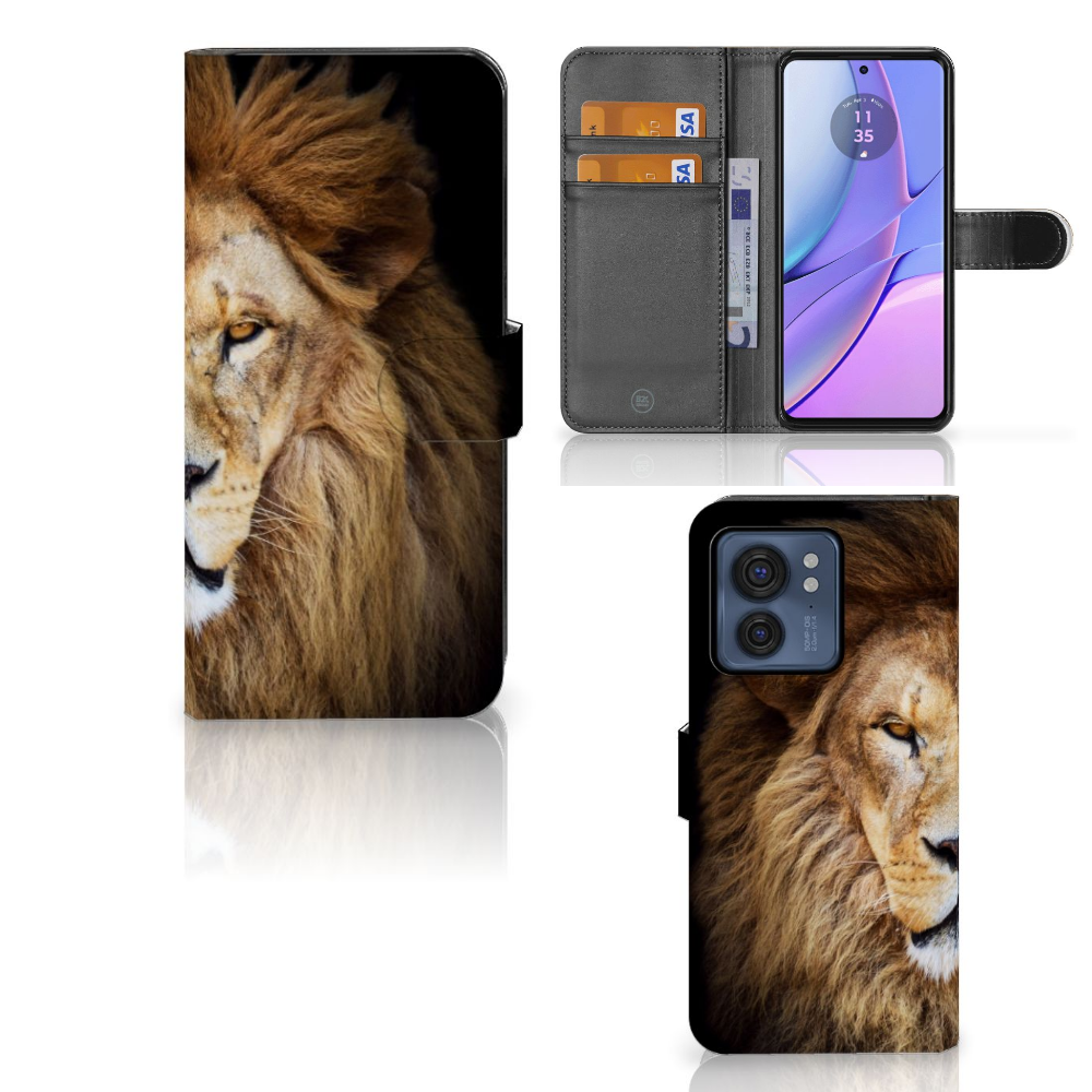 Motorola Edge 40 Telefoonhoesje met Pasjes Leeuw design leeuw aanzicht