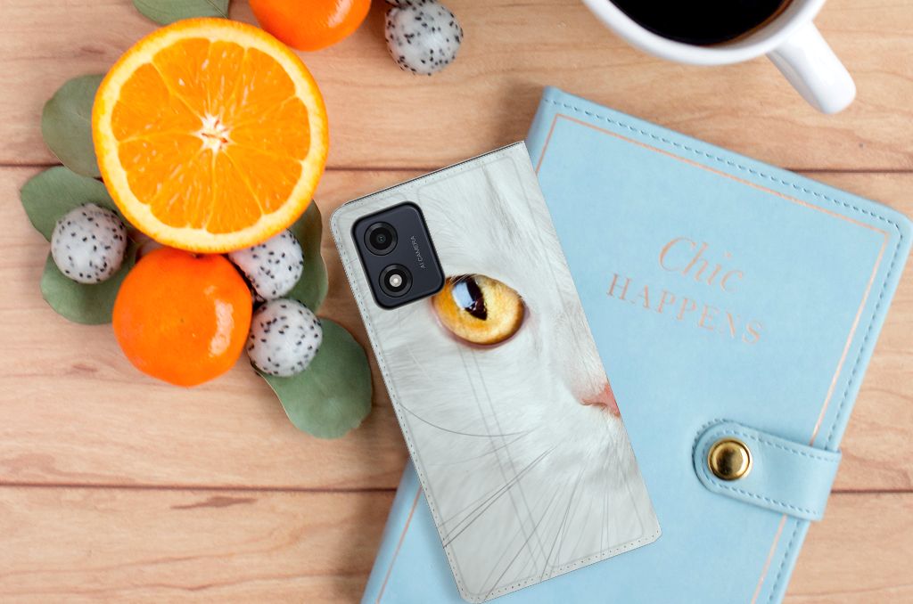 Motorola Moto E13 4G Hoesje maken Witte Kat design hoesje bovenaanzicht