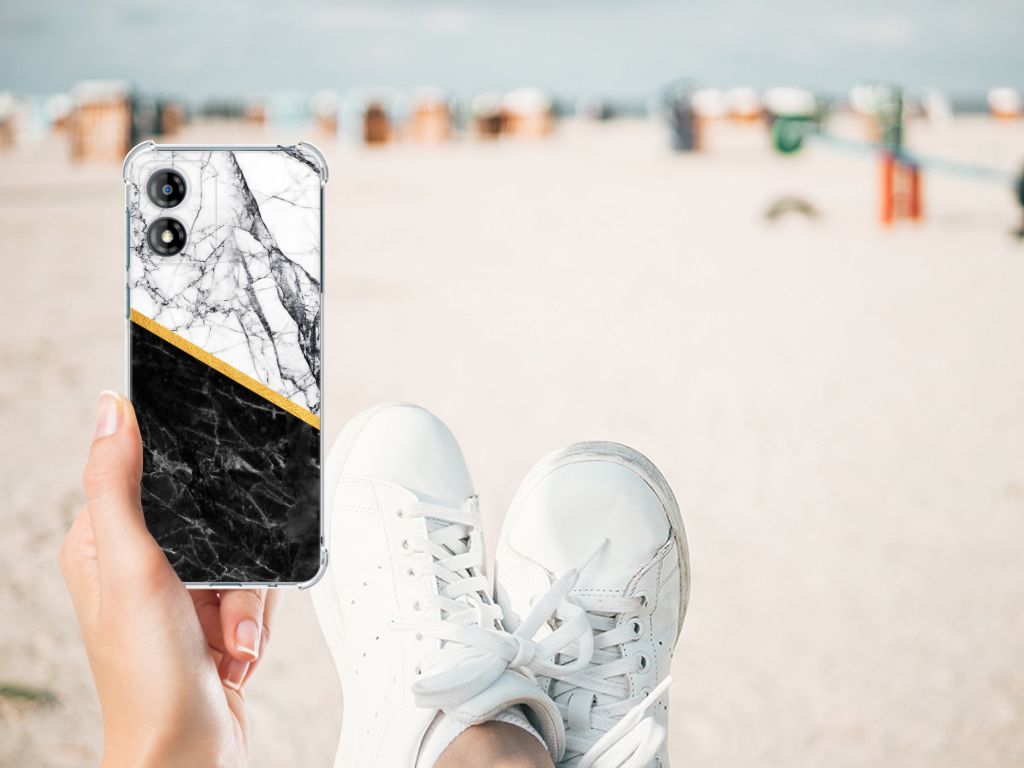 Motorola Moto E13 Anti-Shock Hoesje Marmer Wit Zwart - Origineel Cadeau Man B2C Telecom