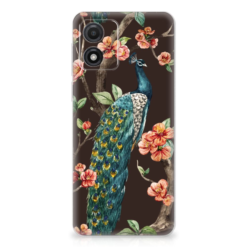 Motorola Moto E13 TPU Hoesje Pauw met Bloemen pauw bloemen design achterkant