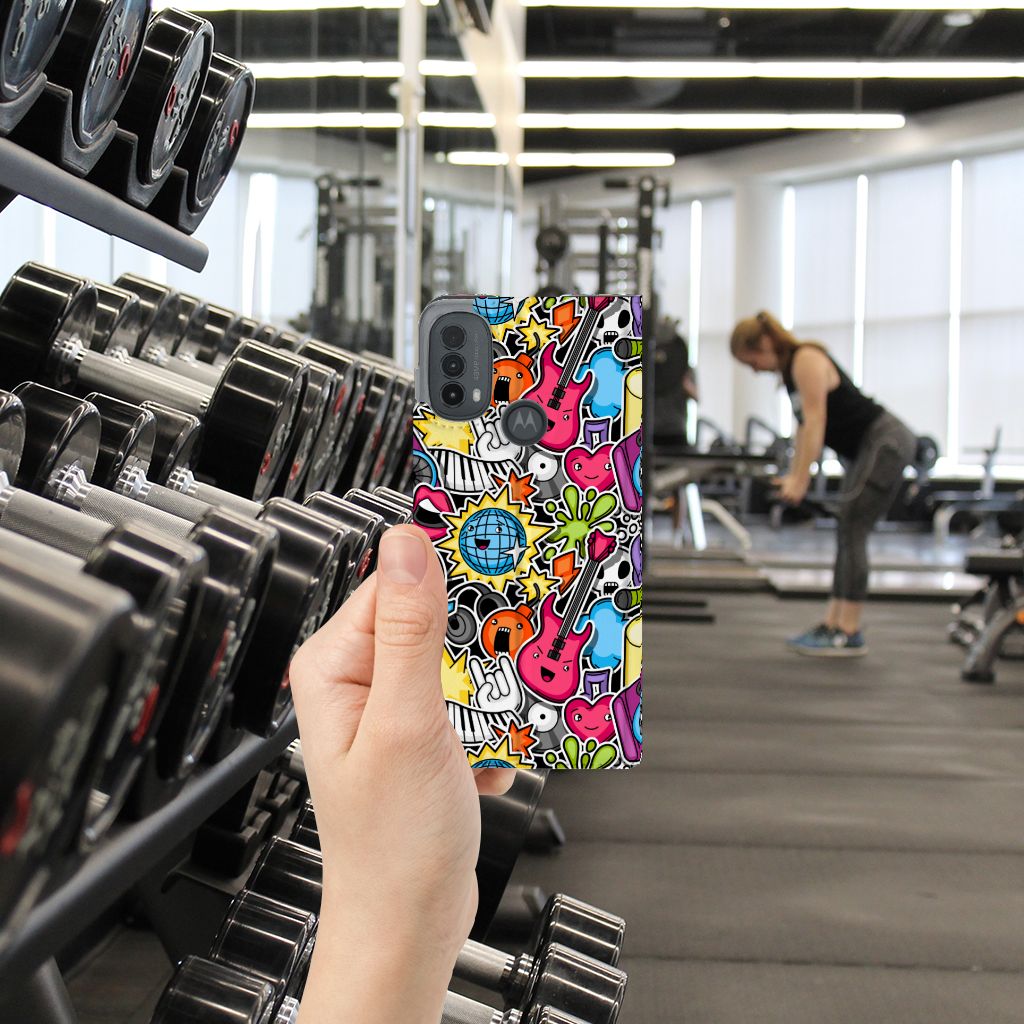 Motorola Moto E20 Hippe Standcase Punk Rock telefoonhoesje design kleurrijk aanzicht