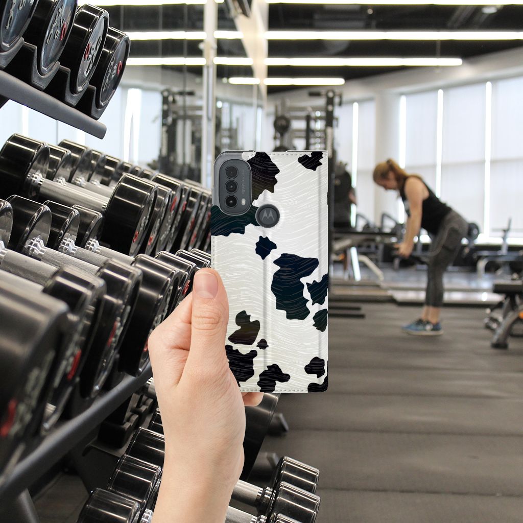 Motorola Moto E20 Hoesje maken Koeienvlekken stand case hand gym