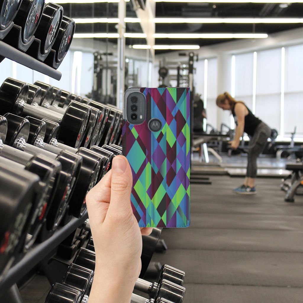Motorola Moto E20 Stand Case Abstract Green Blue design kleurige hoesje gym achtergrond