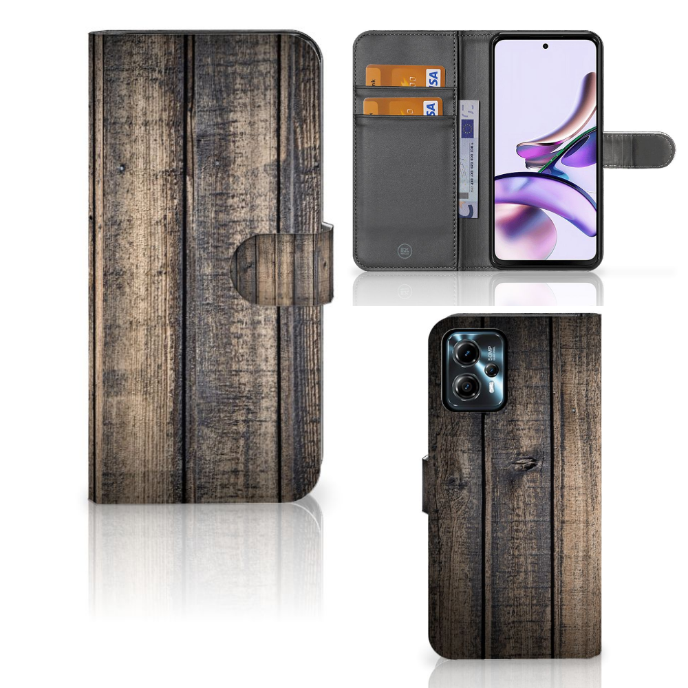Motorola Moto G13 G23 Book Style Case Steigerhout bookstyle case steigerhout aanzicht