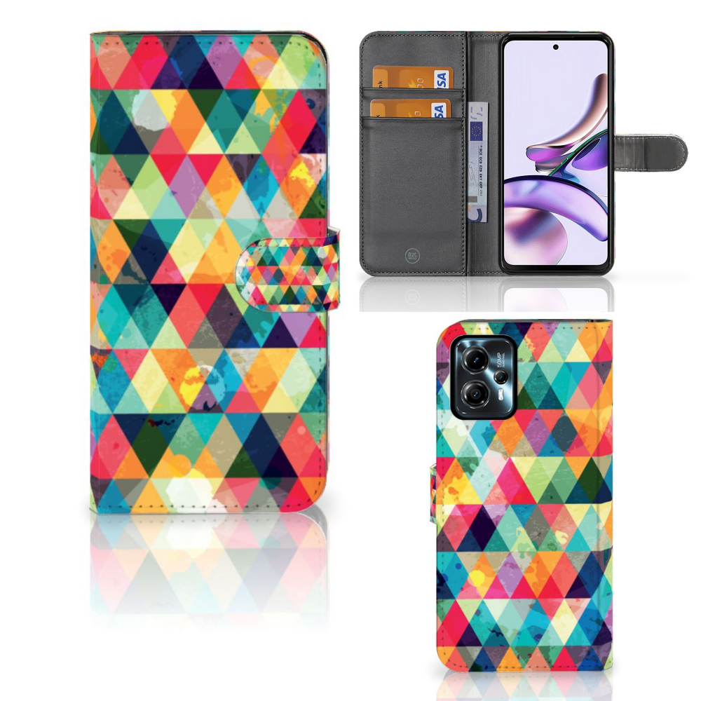 Motorola Moto G13 | G23 Telefoon Hoesje Geruit met ruimte voor 3 pasjes, kleurrijk, opvallend ontwerp đ¨.
