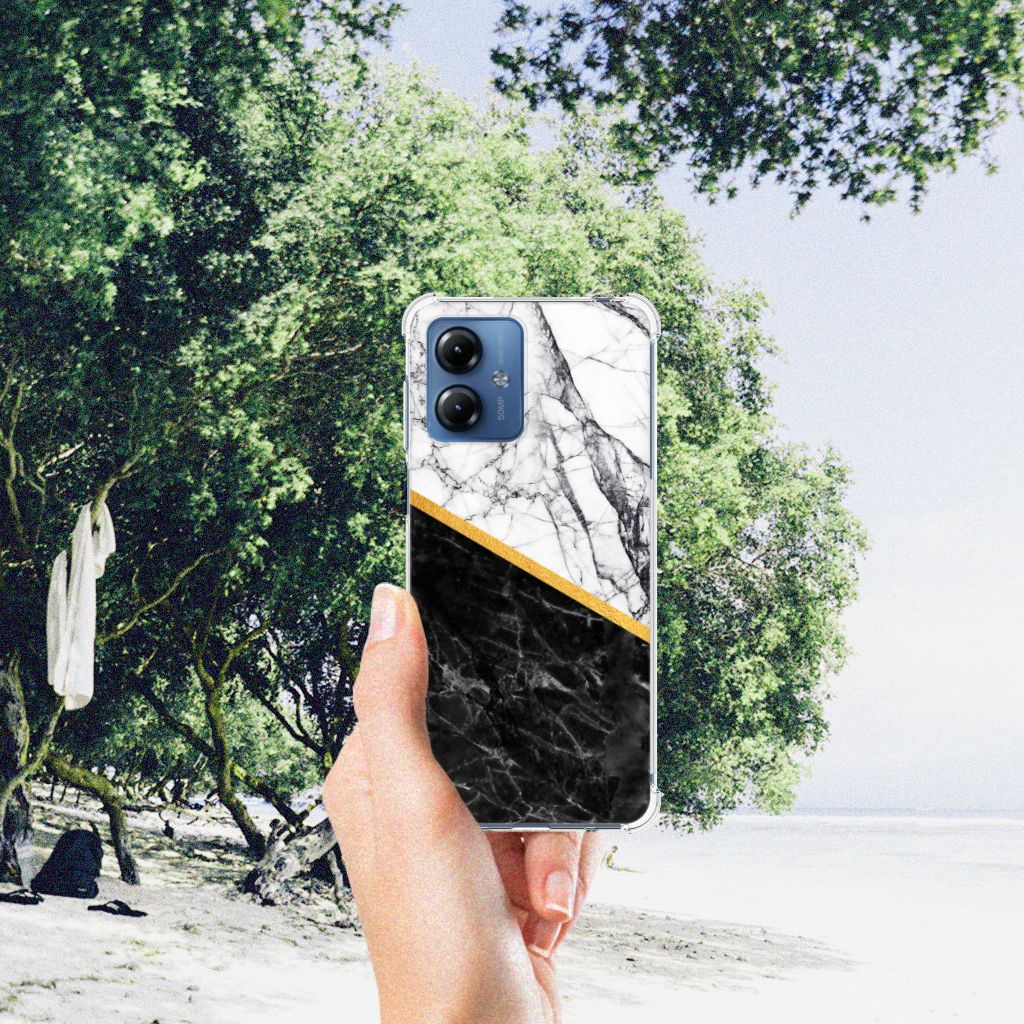 Motorola Moto G14 Anti-Shock Hoesje Marmer Wit Zwart - Origineel Cadeau Man B2C Telecom
