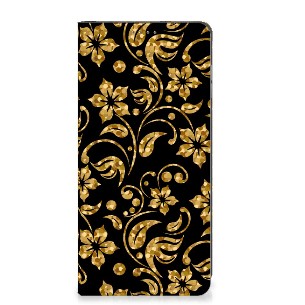 Motorola Moto G14 Smart Cover Gouden Bloemen telefoonhoesje gouden bloemen design voorkant