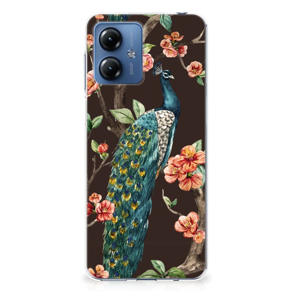 Motorola Moto G14 TPU Hoesje Pauw met Bloemen pauw bloemen design voorkant