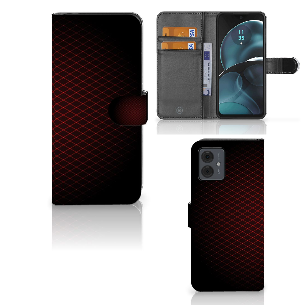 Motorola Moto G14 Telefoon Hoesje Geruit Rood met ruimte voor 3 pasjes en minimalistisch design.