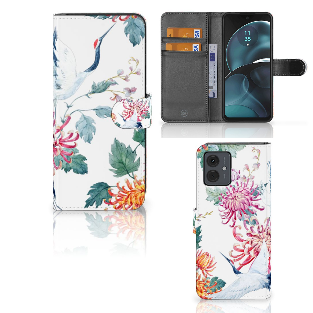 Motorola Moto G14 Telefoonhoesje met Pasjes Bird Flowers design bloemen ooievaars