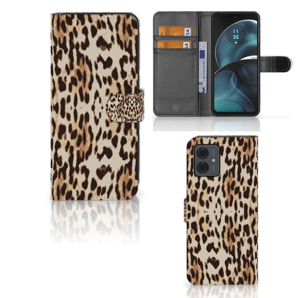 Motorola Moto G14 Telefoonhoesje met Pasjes Leopard design leopard voorkant zijkant