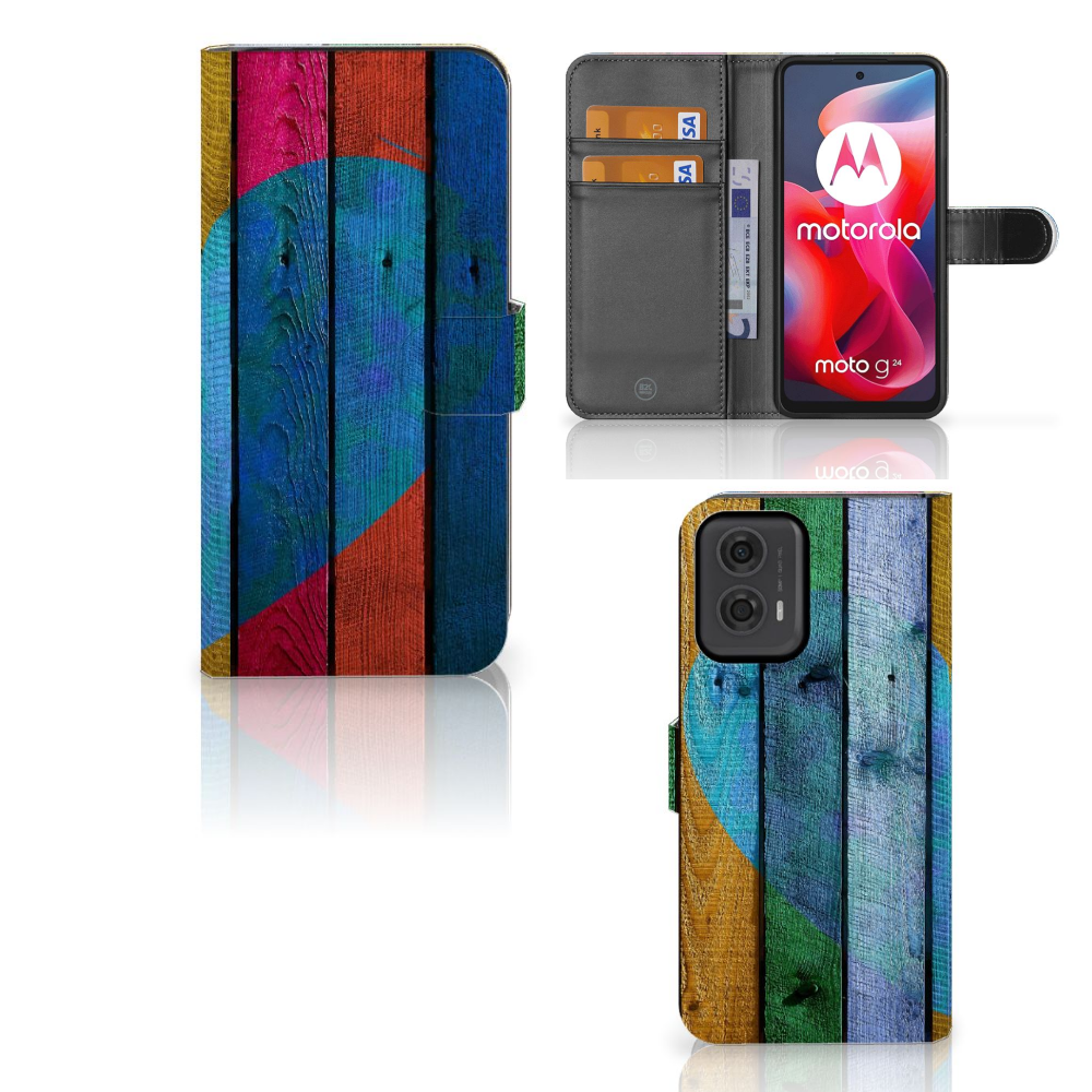 Motorola Moto G24 G04 G24 Power Book Style Case Wood Heart boekhoesje kleurrijk aanzicht