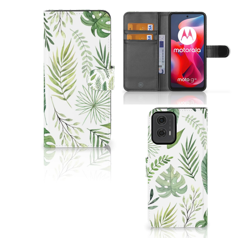 Motorola Moto G24 | G04 | G24 Power Hoesje Leaves met frisse bladerenpatroon en ruimte voor pasjes đŋ.