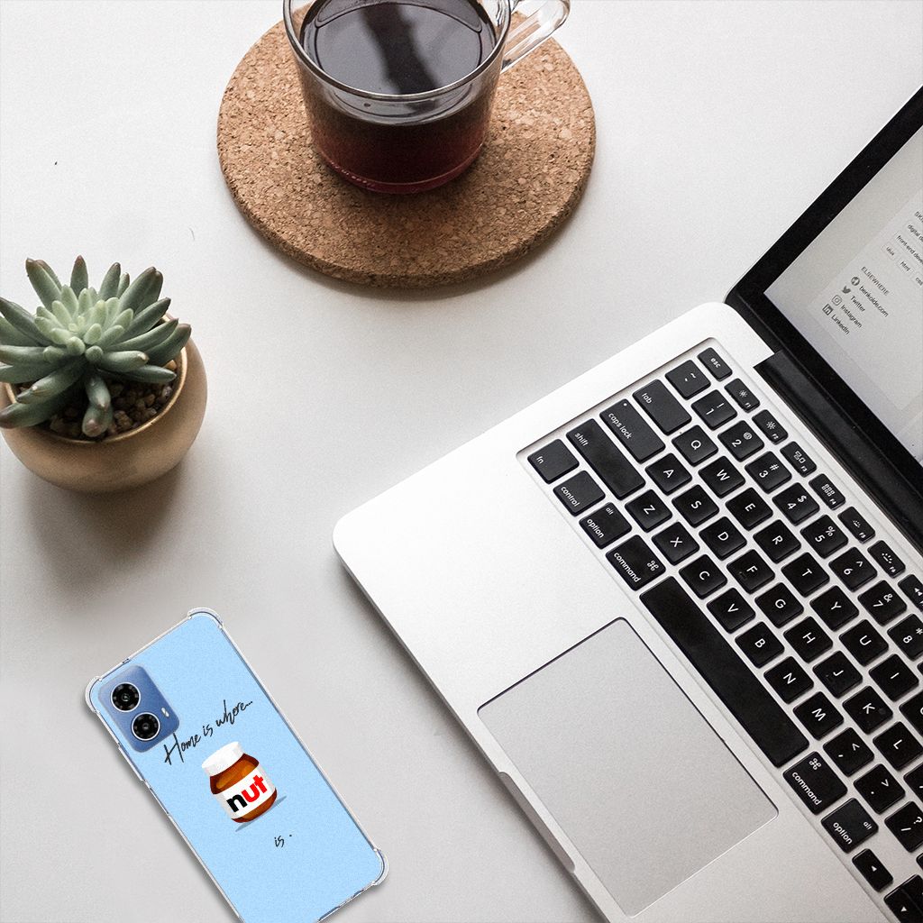 Motorola Moto G34 Beschermhoes Nut Home smartphone hoesje design blauw bovenaanzicht