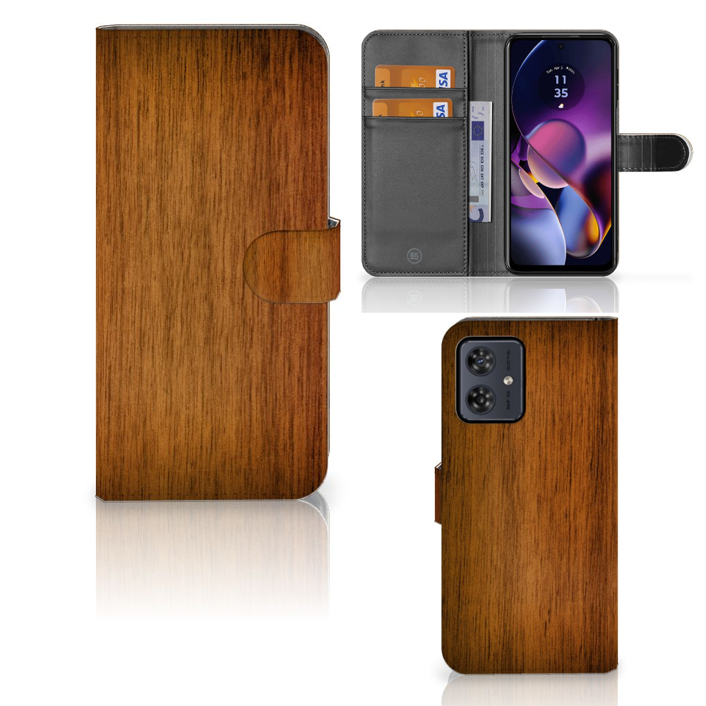 Motorola Moto G54 Book Style Case Donker Hout boekhoes houtdesign voorkant achterkant binnenkant