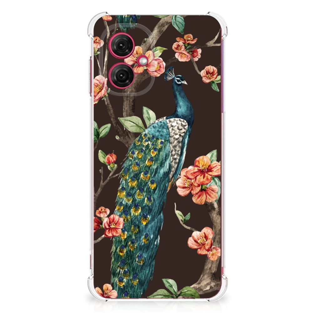 Motorola Moto G55 Case Anti-shock Pauw met Bloemen design pauw bloemen voorkant