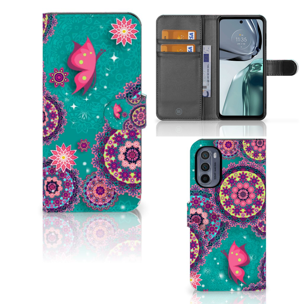 Motorola Moto G62 5G Hoesje Cirkels en Vlinders bookstyle design voorkant achterkant
