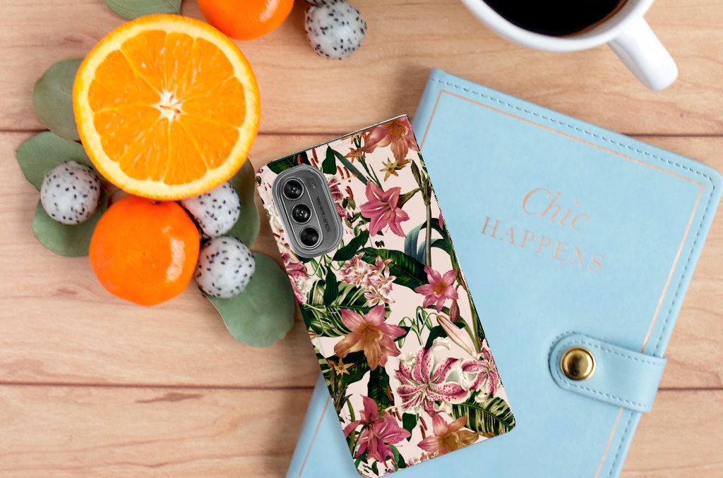 Motorola Moto G62 5G Smart Cover Flowers bloemen ontwerp bovenaanzicht